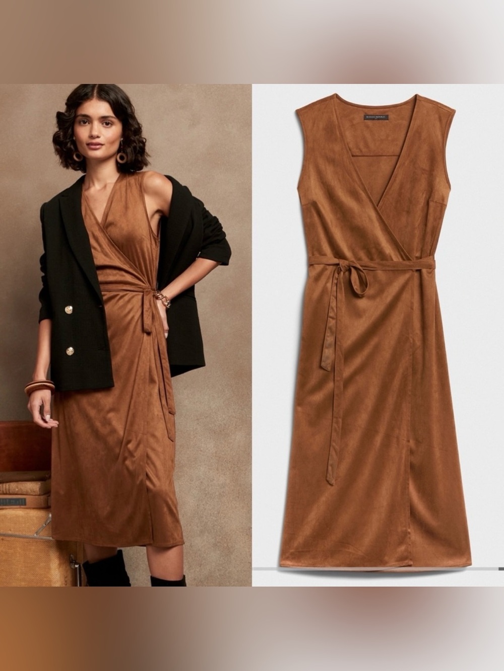 Banana Republic Factory Sleeveless Vegan Suede Wrap Midi Dress in Cognac Small